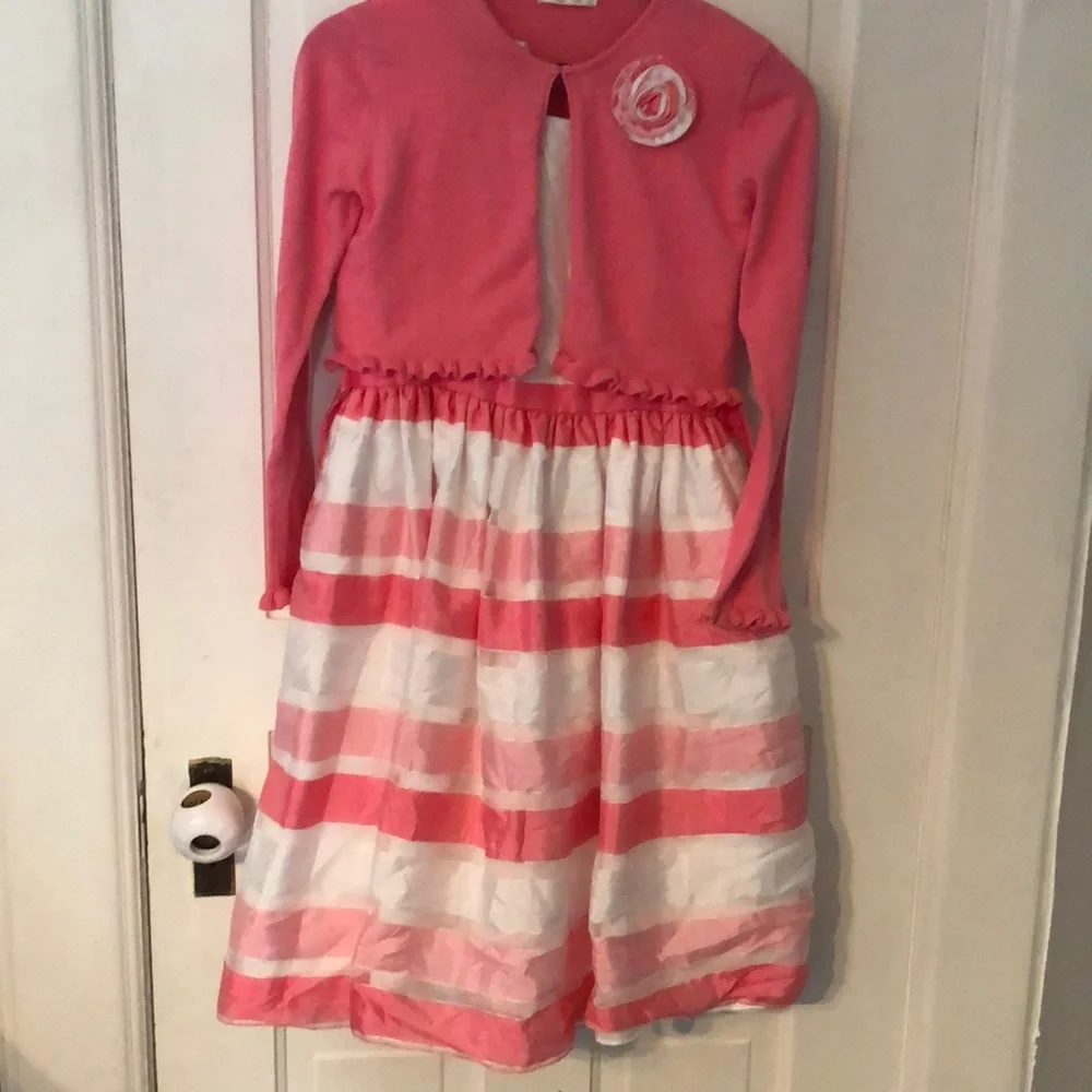 🐇🐣Easter Dress EUC Big girls pink and white dress with removable sweater - Picture 1 of 6